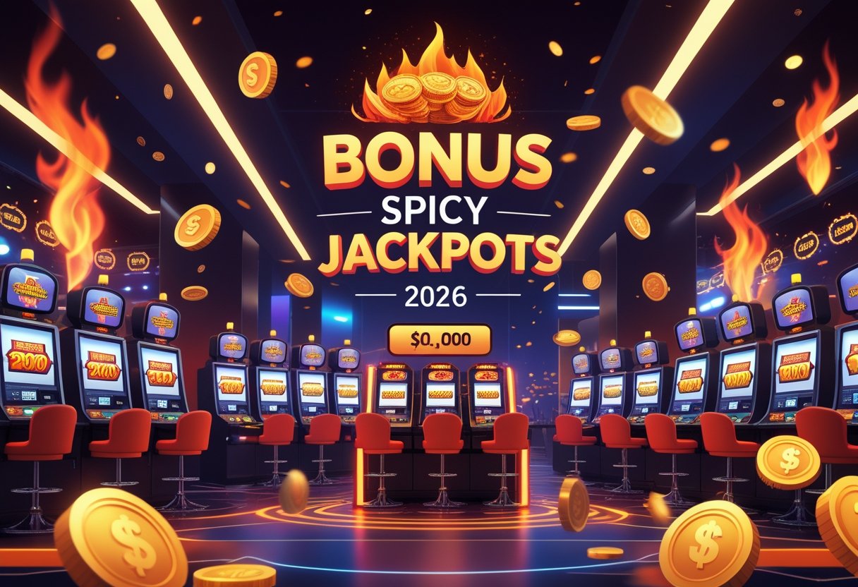 A lively casino scene with slot machines, glowing coins, and symbols representing bonuses and jackpots surrounded by fiery accents.