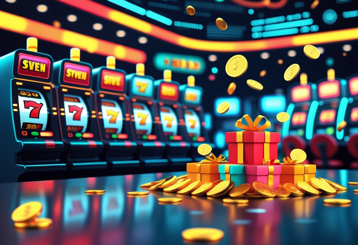 A casino scene with glowing slot machines, spinning reels showing jackpot symbols, and layered gift boxes surrounded by golden coins representing a multi-stage welcome bonus.