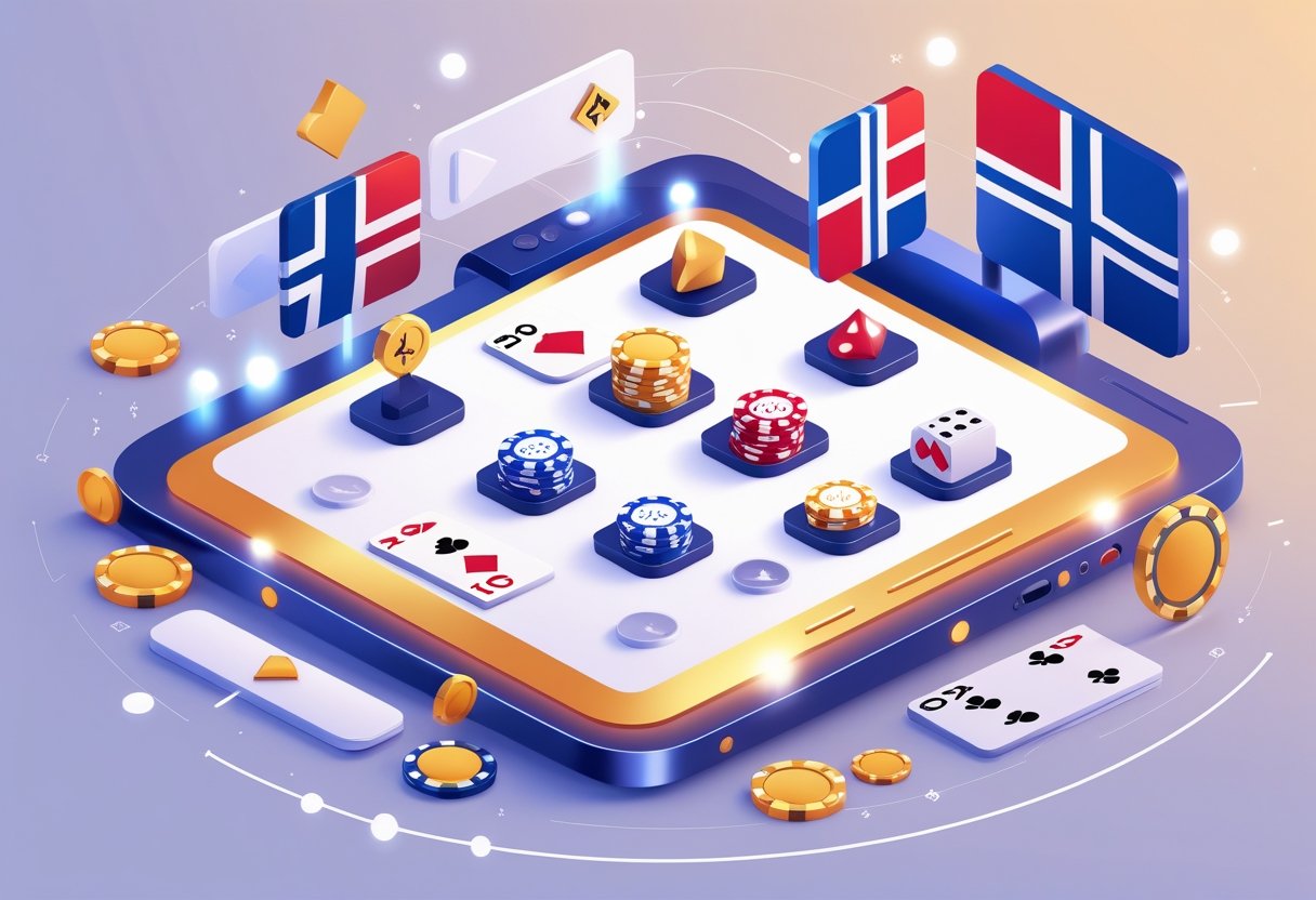 Illustration showing seven casino symbols arranged over an abstract background featuring the map and colors of Norway.