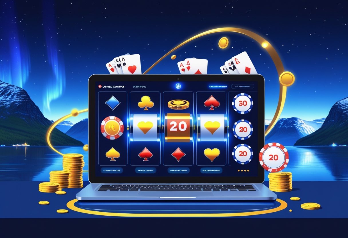 A digital scene showing virtual casino games with Norwegian fjords and northern lights in the background.