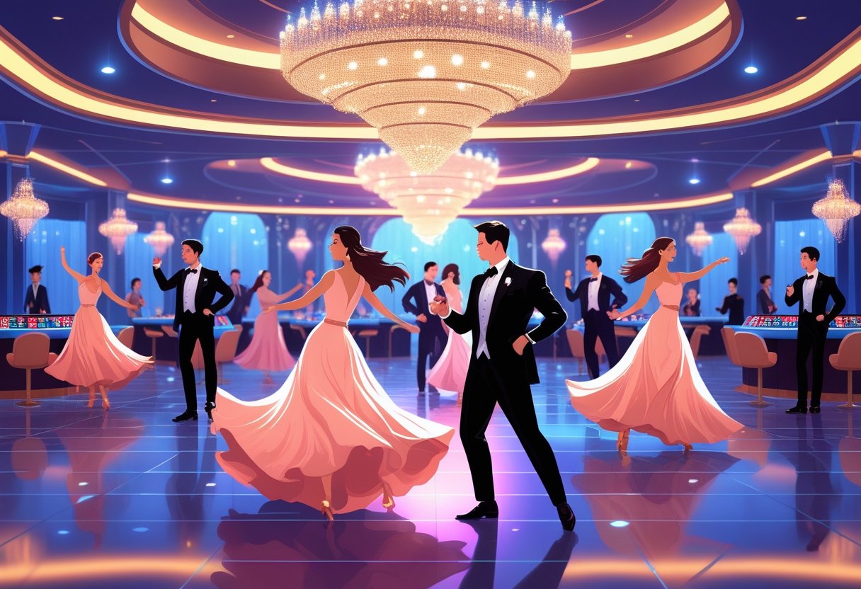 An elegant ballroom with dancers in formal attire performing in a luxurious casino setting with chandeliers and gaming tables.