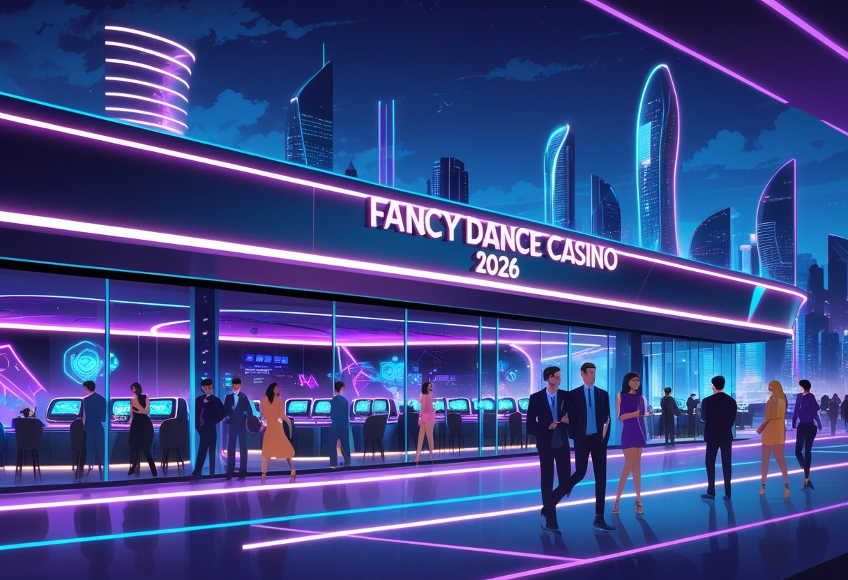 A futuristic casino building with people entering, surrounded by a vibrant cityscape at twilight.