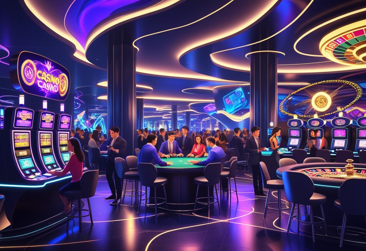 A busy casino floor with people playing slot machines, poker, blackjack, and roulette in a lively and modern environment.