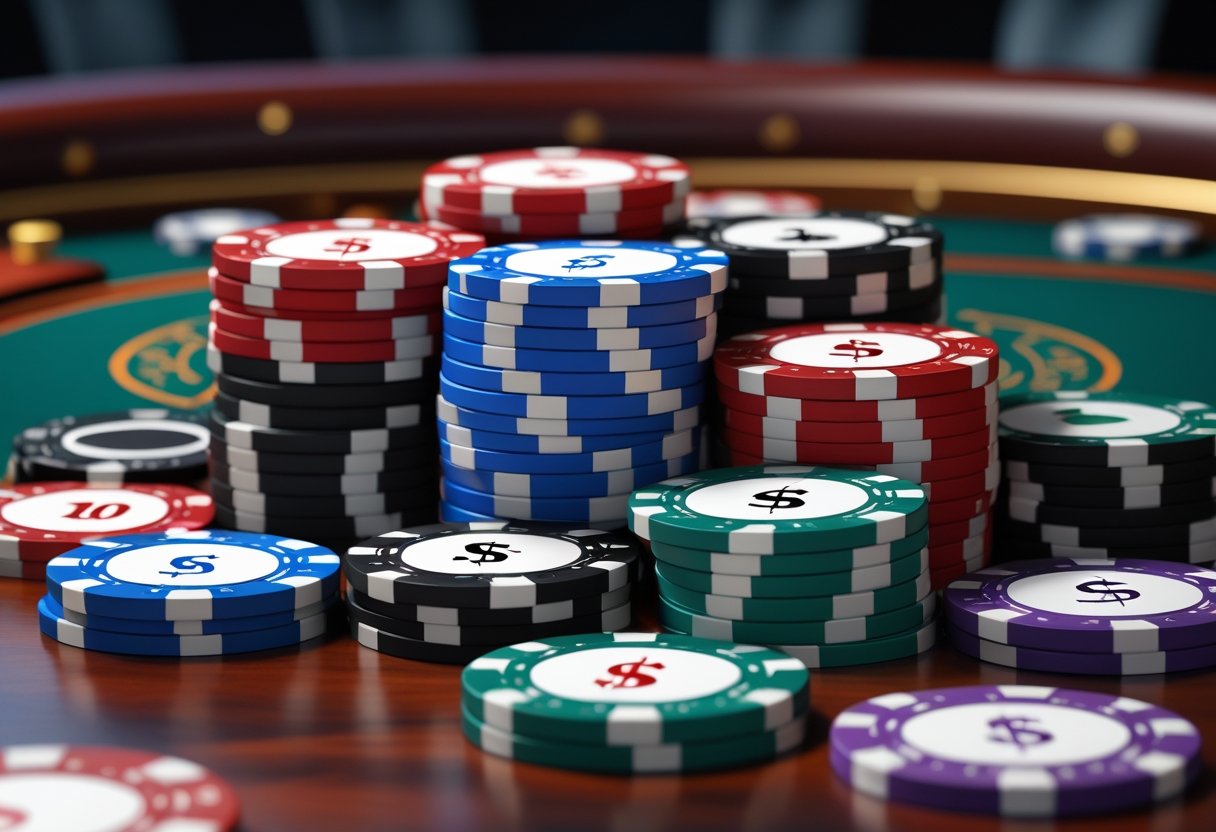 A set of colorful poker chips arranged in stacks on a wooden poker table, each color representing different values.