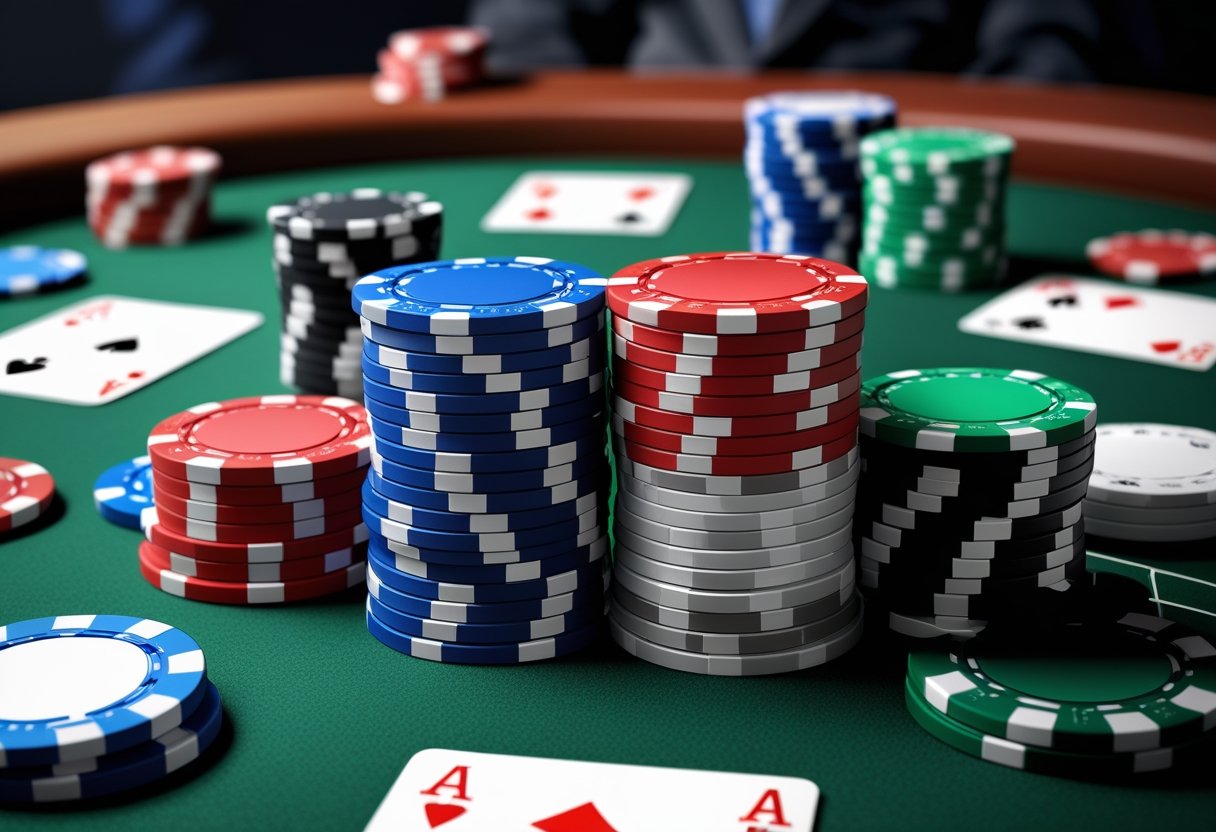 A variety of colorful poker chips arranged on a green poker table with playing cards and chips in the background.