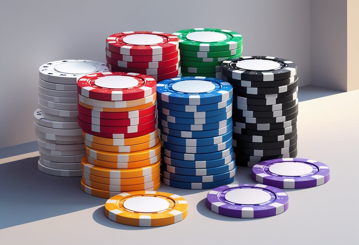 A set of neatly stacked poker chips in various standard colors arranged on a plain surface.