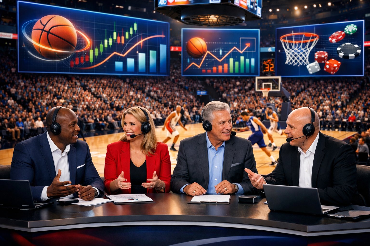 A basketball arena with players on the court and sports analysts discussing at a broadcast desk in front of large screens.