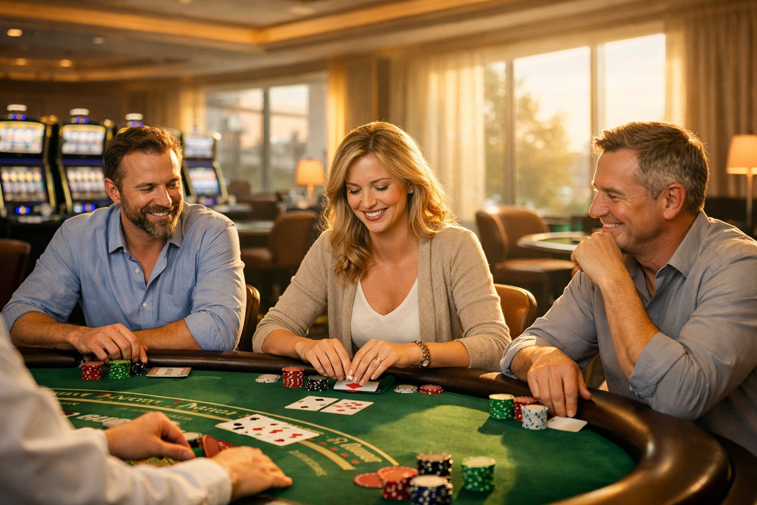 A calm casino scene with a few relaxed players at a blackjack table in soft natural light during daytime.