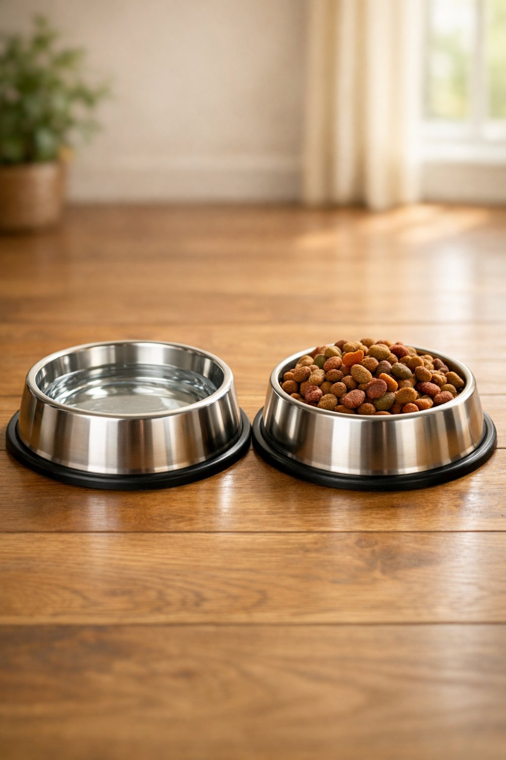 Dog Bowls: A Complete Guide to Choosing the Perfect Feeding Solution for Your Pup Two dog bowls on a wooden floor, one filled with water and the other with dry dog food.