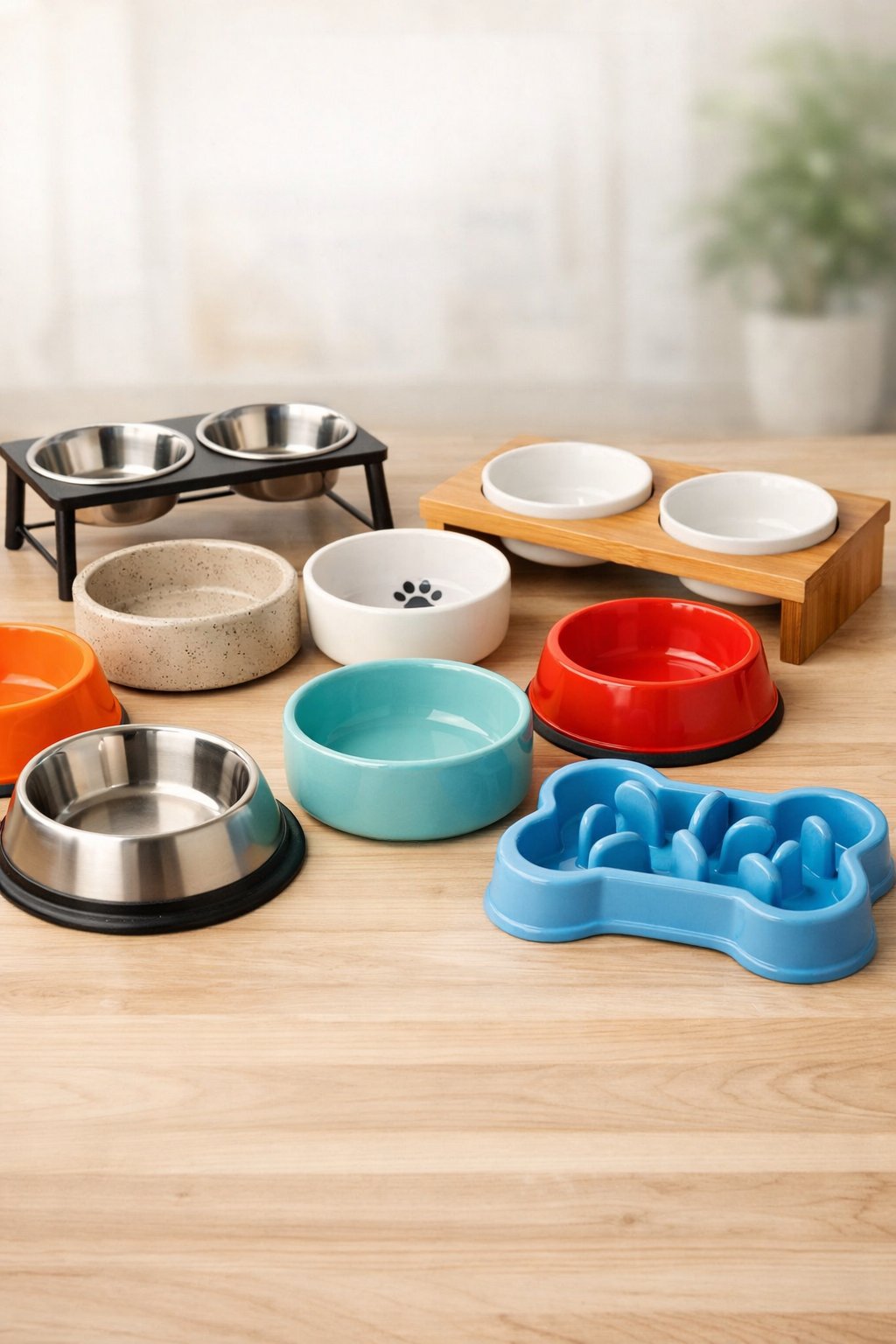 Dog Bowls: A Complete Guide to Choosing the Perfect Feeding Solution for Your Pup A variety of dog bowls made of different materials arranged on a wooden surface.