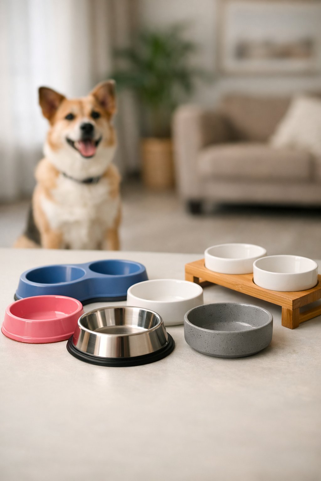Dog Bowls: A Complete Guide to Choosing the Perfect Feeding Solution for Your Pup A variety of dog bowls displayed on a surface with a dog sitting in the background.