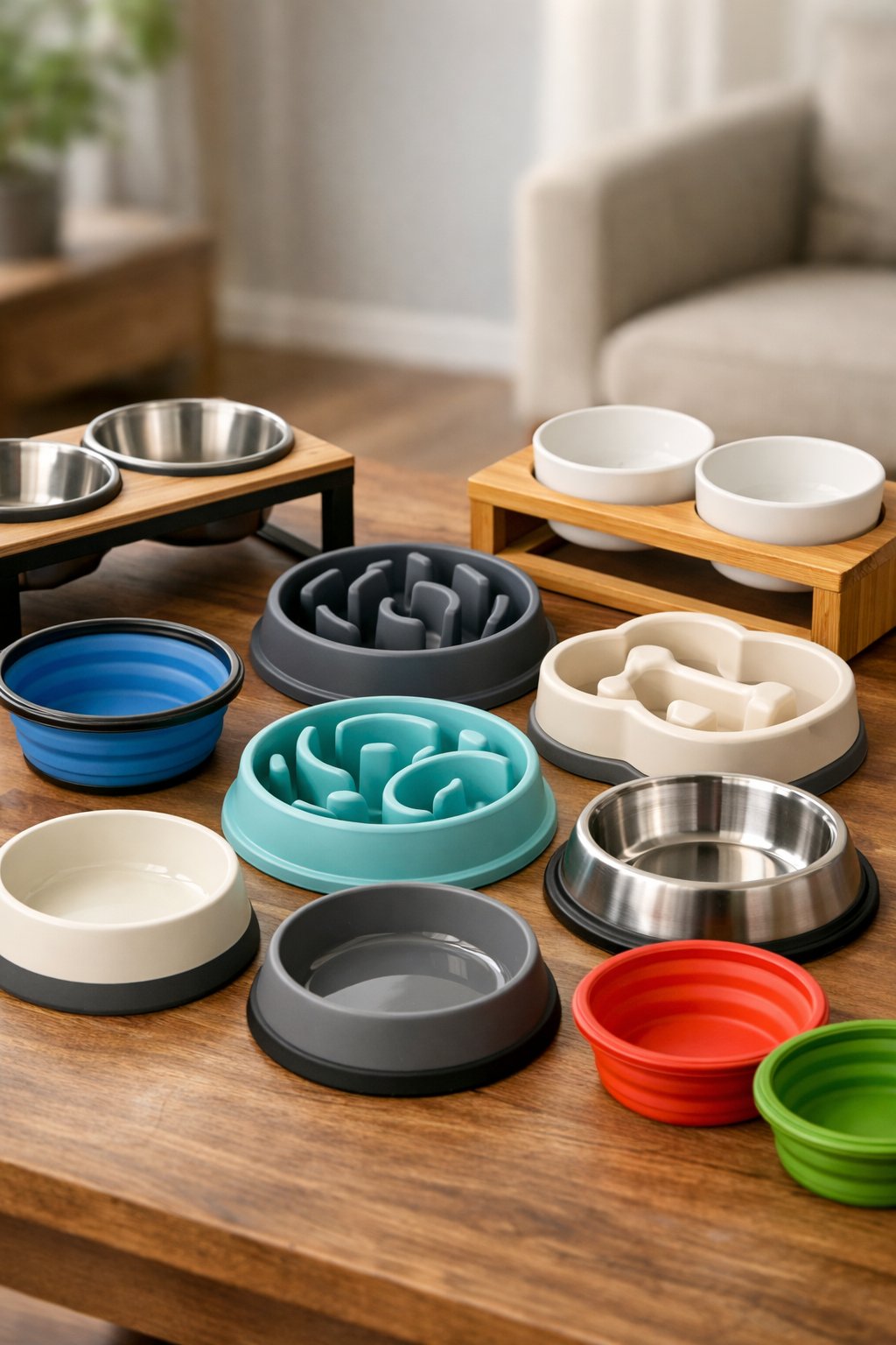 Dog Bowls: A Complete Guide to Choosing the Perfect Feeding Solution for Your Pup A collection of different types of dog bowls arranged on a wooden surface.