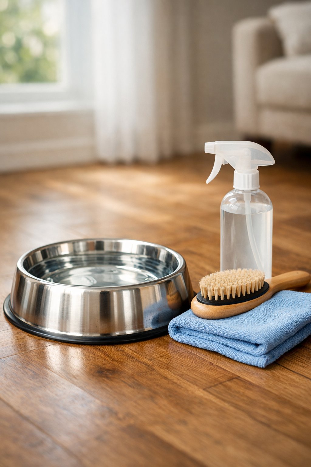 Dog Bowls: A Complete Guide to Choosing the Perfect Feeding Solution for Your Pup A clean stainless steel dog bowl filled with water next to dog care items on a wooden floor in a bright home setting.