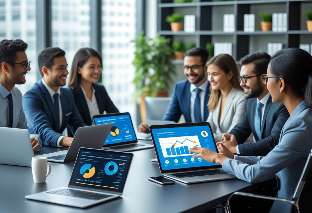 Mehrere Geschäftsleute sitzen an einem Konferenztisch und besprechen digitale Produktbewertungen in einem hellen Büro.