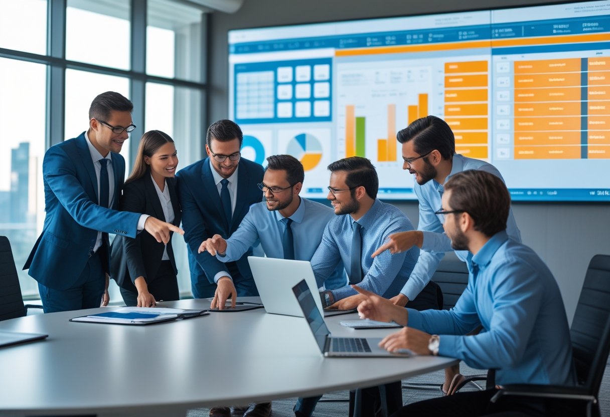 Eine Gruppe von Geschäftsleuten in einem modernen Besprechungsraum bei einer Zusammenarbeit.