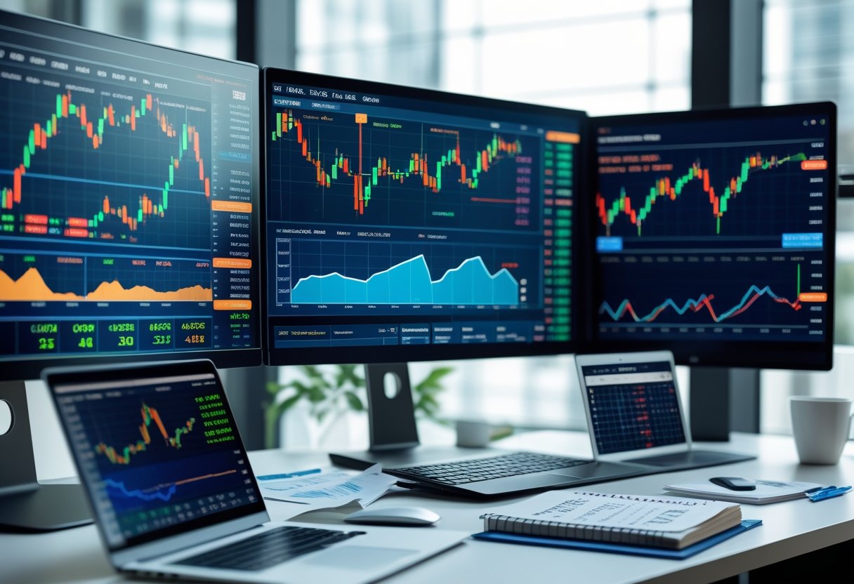 Ein moderner Arbeitsplatz mit mehreren Bildschirmen, die Handelsscharts und Analysewerkzeuge anzeigen, sowie einem Laptop und Smartphone auf einem Tisch.