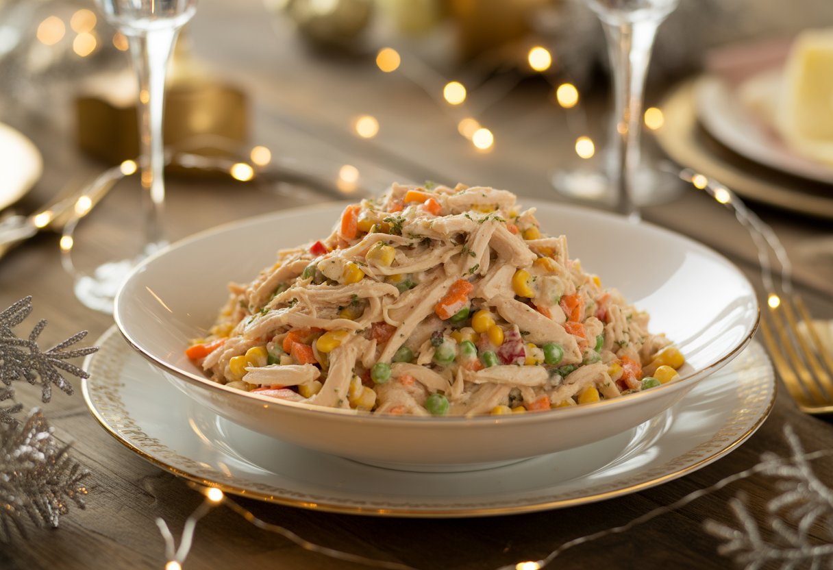 Salada cremosa de frango em uma tigela branca sobre uma mesa decorada para a ceia de ano novo.