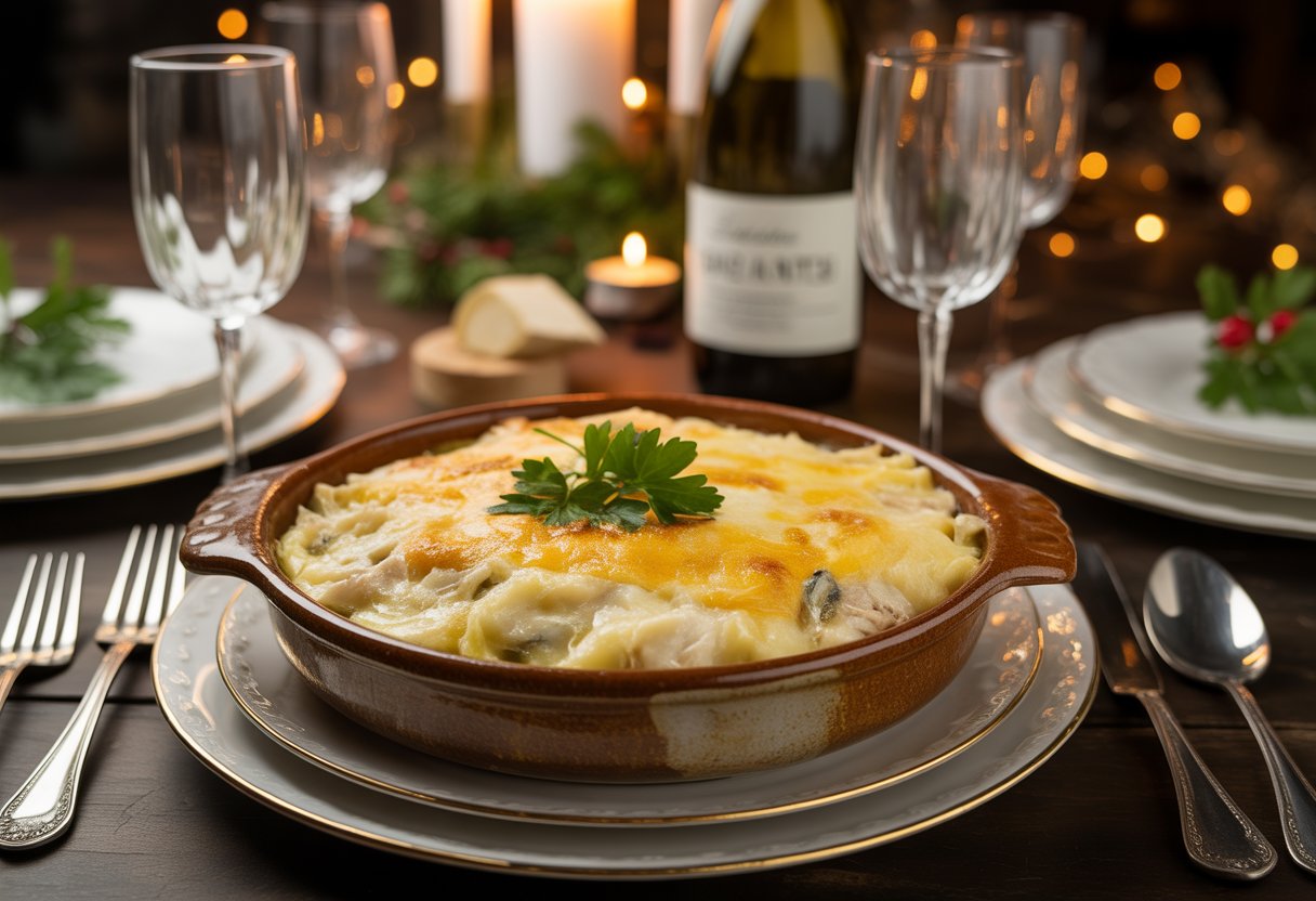 Prato tradicional de Bacalhau com Natas servido em uma mesa decorada para ceia de Ano Novo.