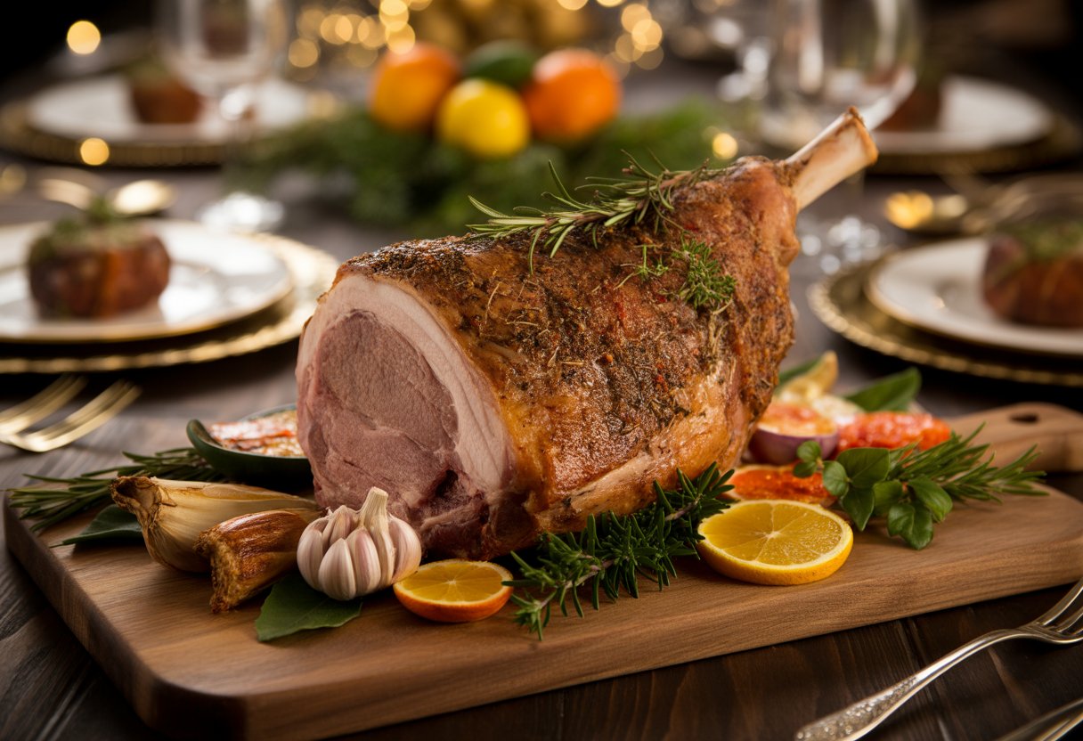 Pernil assado com ervas frescas servido em uma tábua de madeira, acompanhado por legumes assados e frutas cítricas, em uma mesa decorada para a ceia de Ano Novo.