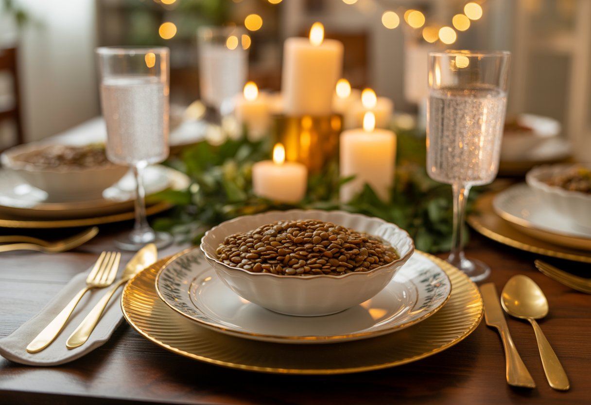 Mesa de ceia de Ano Novo com um prato de lentilhas no centro, decorada com velas e luzes festivas.