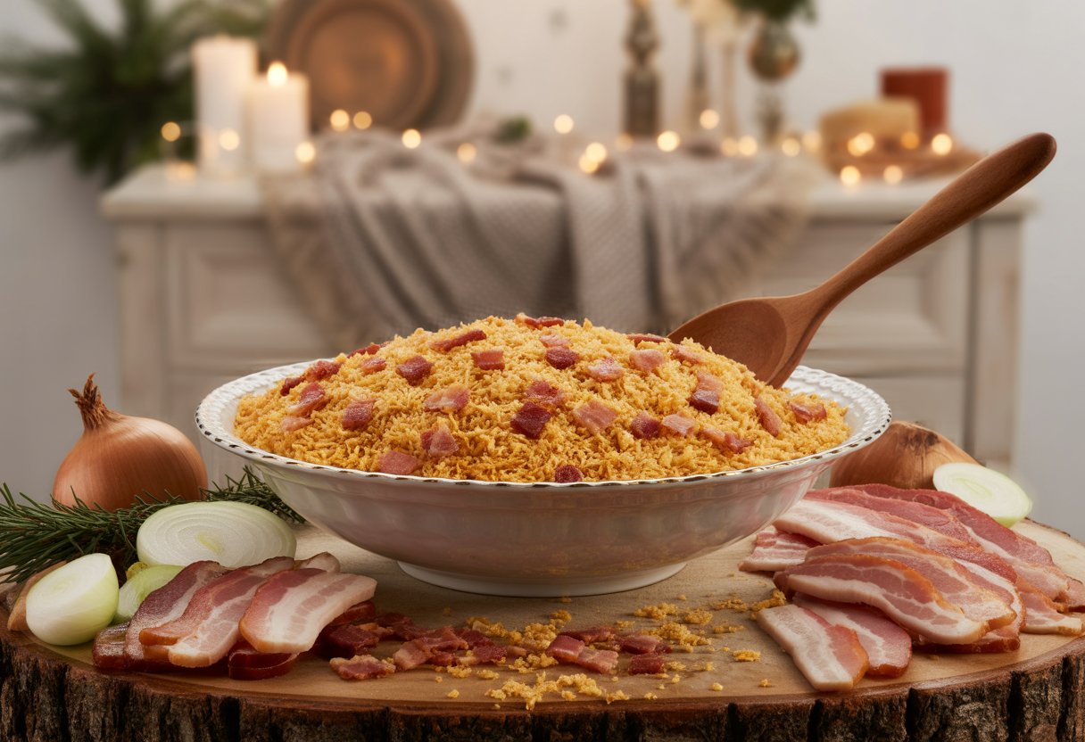 Uma tigela branca cheia de farofa crocante com pedaços de bacon sobre uma mesa de madeira, com ingredientes frescos ao redor e uma atmosfera festiva ao fundo.