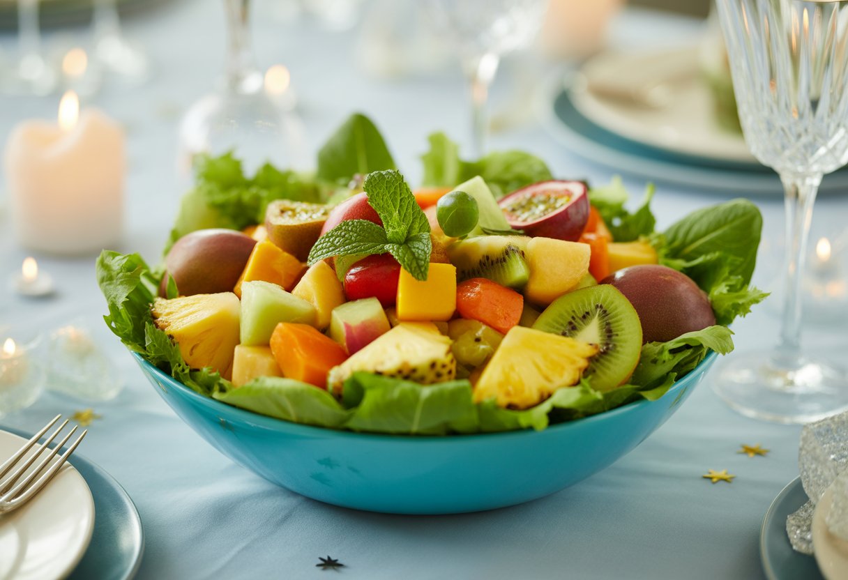 Salada tropical colorida com frutas frescas em uma tigela sobre uma mesa decorada para ceia de Ano Novo.