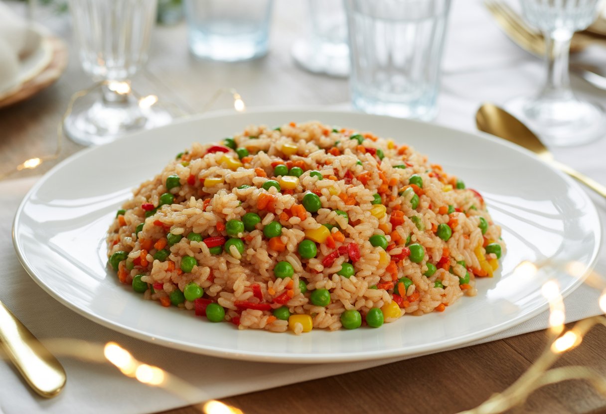 Prato branco com arroz à grega colorido servido em uma mesa decorada para a ceia de ano novo.