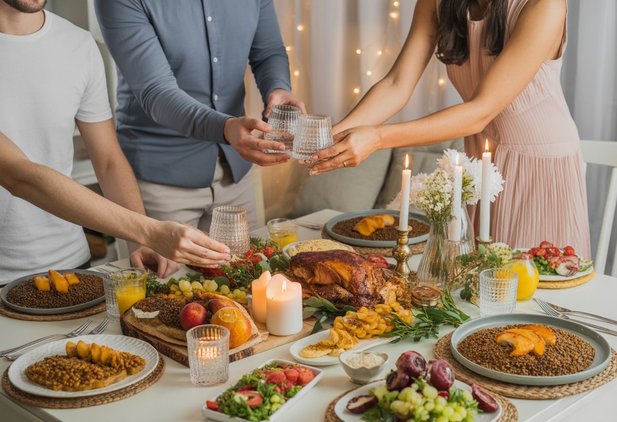 Mesa de jantar tradicional de Ano Novo com pratos típicos brasileiros, velas acesas e decoração festiva, transmitindo uma atmosfera acolhedora e alegre.