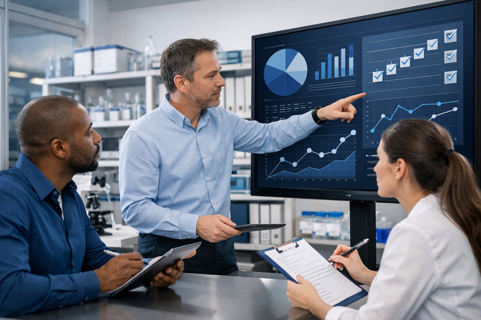 Three professionals discussing charts and documents in a modern laboratory office focused on quality control and accreditation processes while maintaining ISO 17025 accreditation