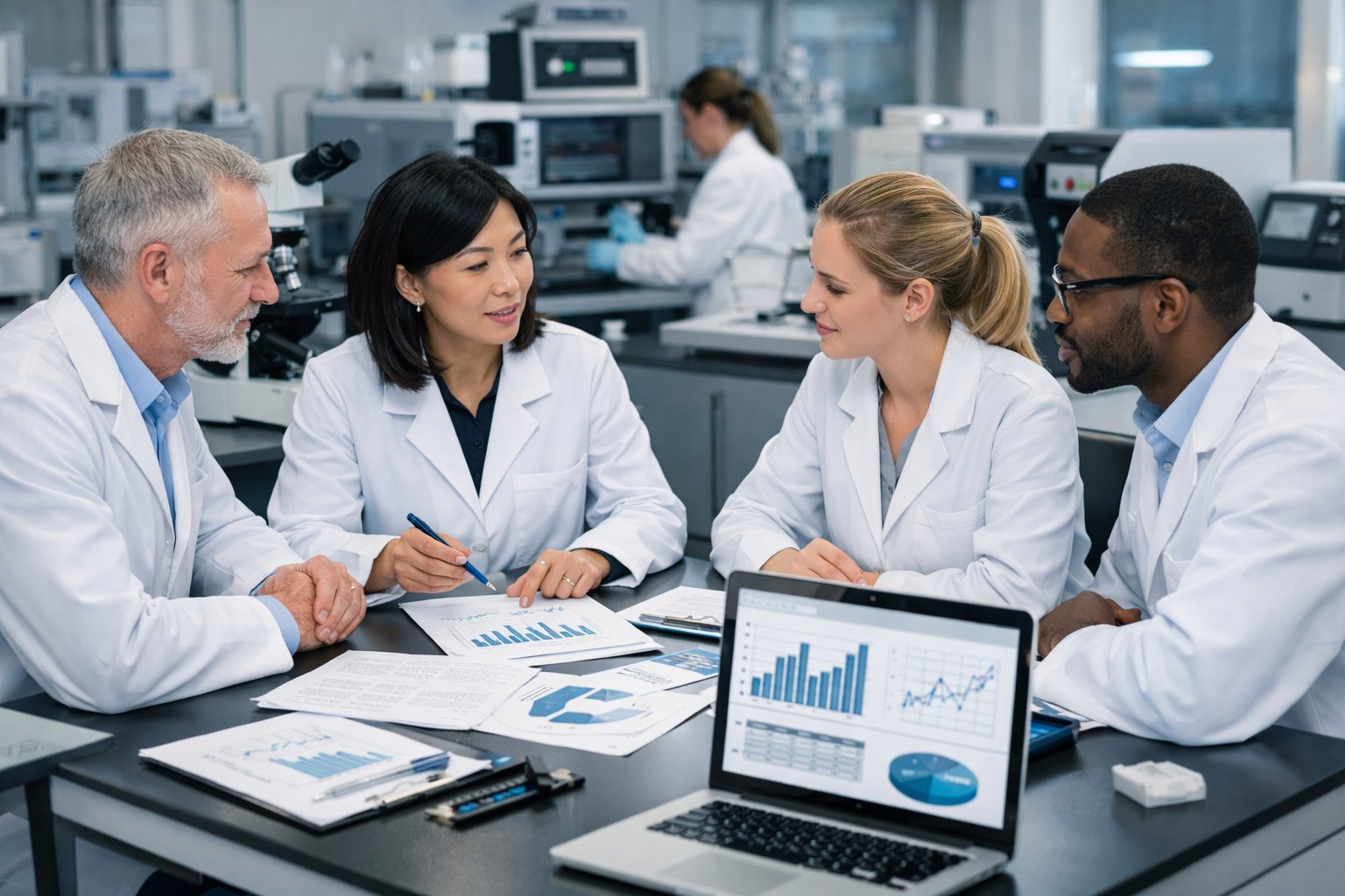 Laboratory professionals collaborating around a table with documents and laptops in a modern lab filled with scientific equipment while maintaining ISO 17025 accreditation