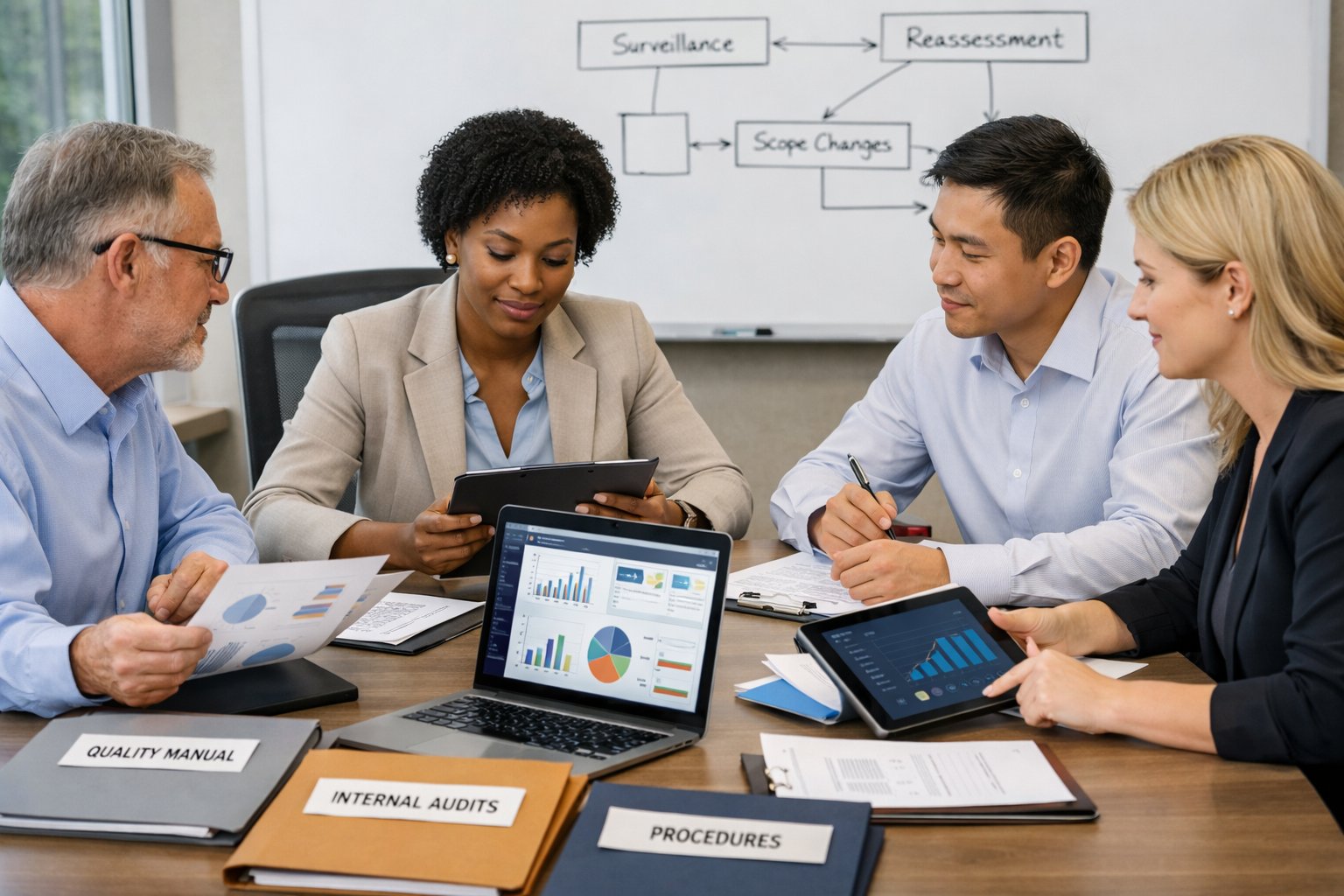 A group of professionals in an office meeting, reviewing documents and digital data related to quality management and accreditation processes while maintaining ISO 17025 accreditation