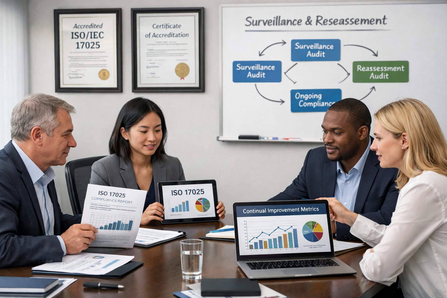A group of professionals in a meeting room reviewing documents and charts related to quality management and accreditation standards while maintaining ISO 17025 accreditation