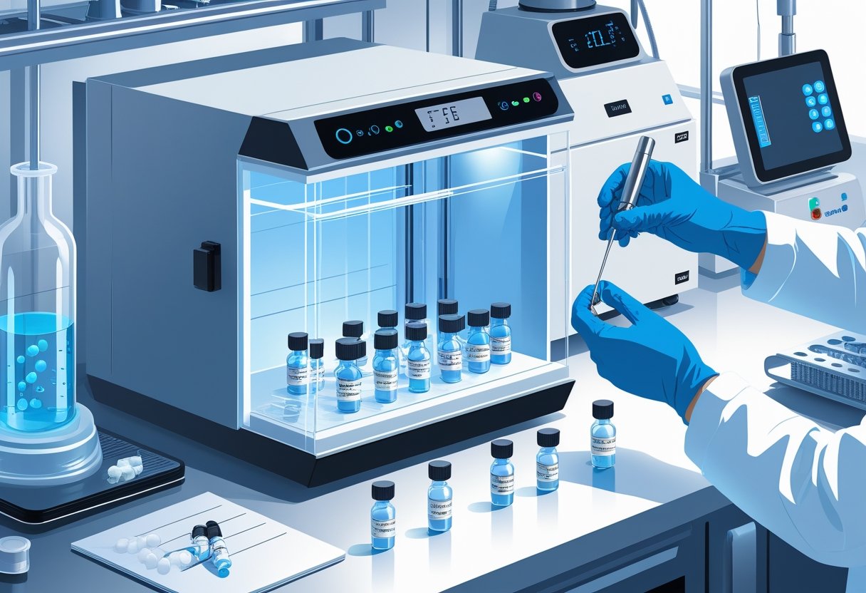 A scientist in a lab coat carefully handling peptide vials near a temperature-controlled storage unit in a clean laboratory setting.