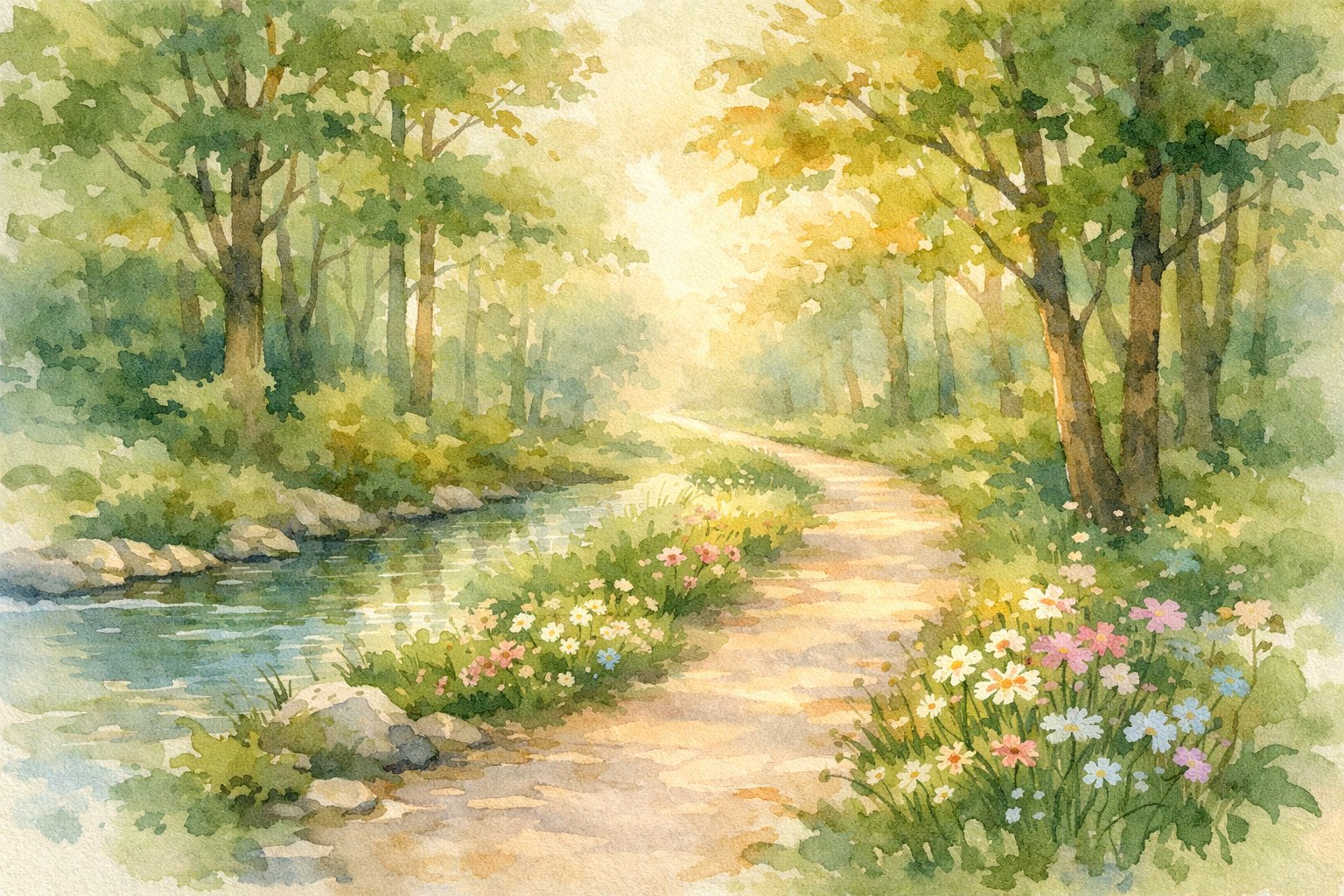 A peaceful forest path surrounded by trees, wildflowers, and a small stream under soft morning light.