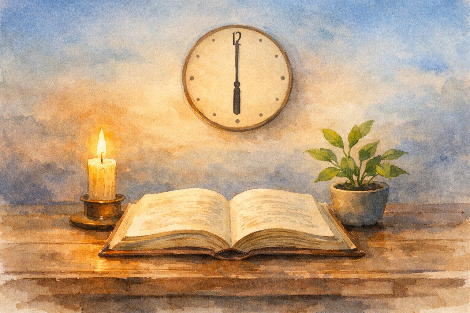 An open book on a wooden table with a candle, a small plant, and a clock showing 6:00, set in a calm and peaceful environment.