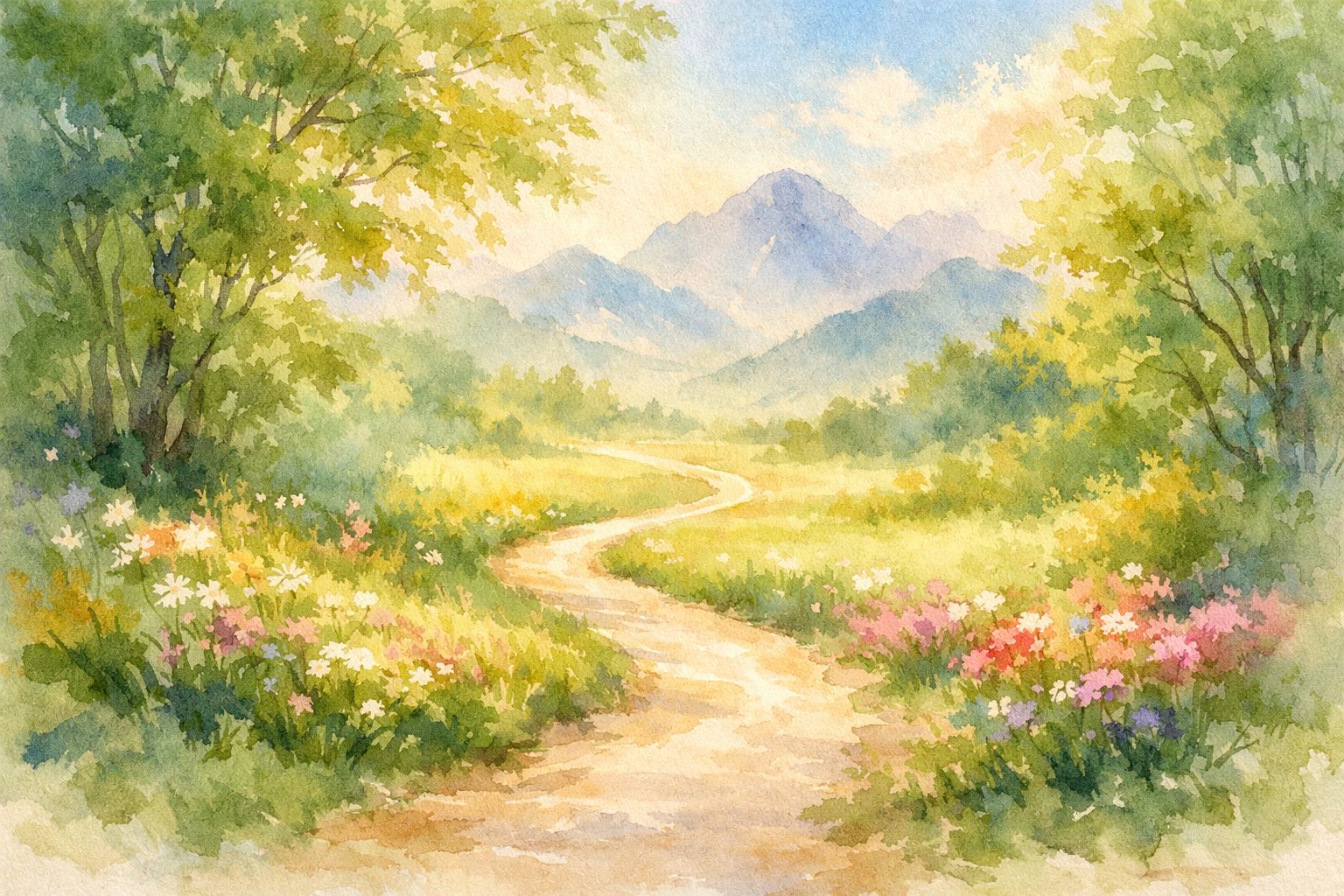 A peaceful landscape with a single winding path through trees and flowers, leading toward distant mountains under soft sunlight.
