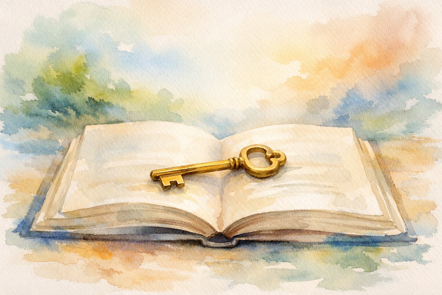A golden key resting on an open book surrounded by soft colors and gentle brushstrokes.