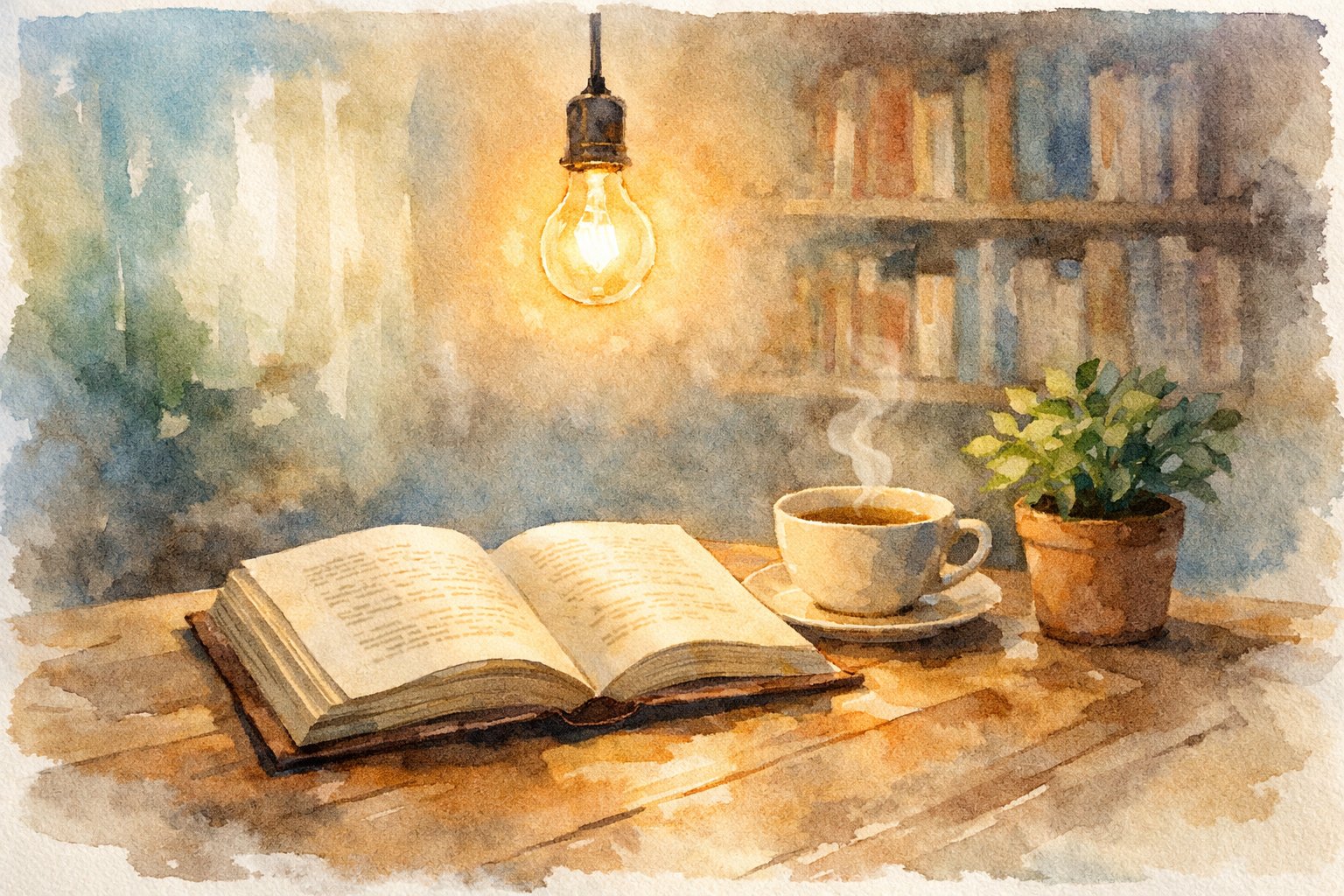 A cozy reading nook with an open book on a wooden table, a glowing lightbulb above, a steaming cup of tea, and a small plant nearby.