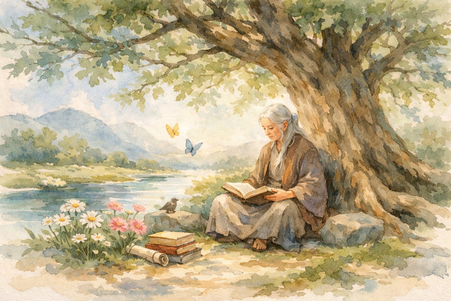 An elderly person sitting under a large tree, holding an open book, surrounded by flowers, butterflies, and a river in a peaceful natural landscape.