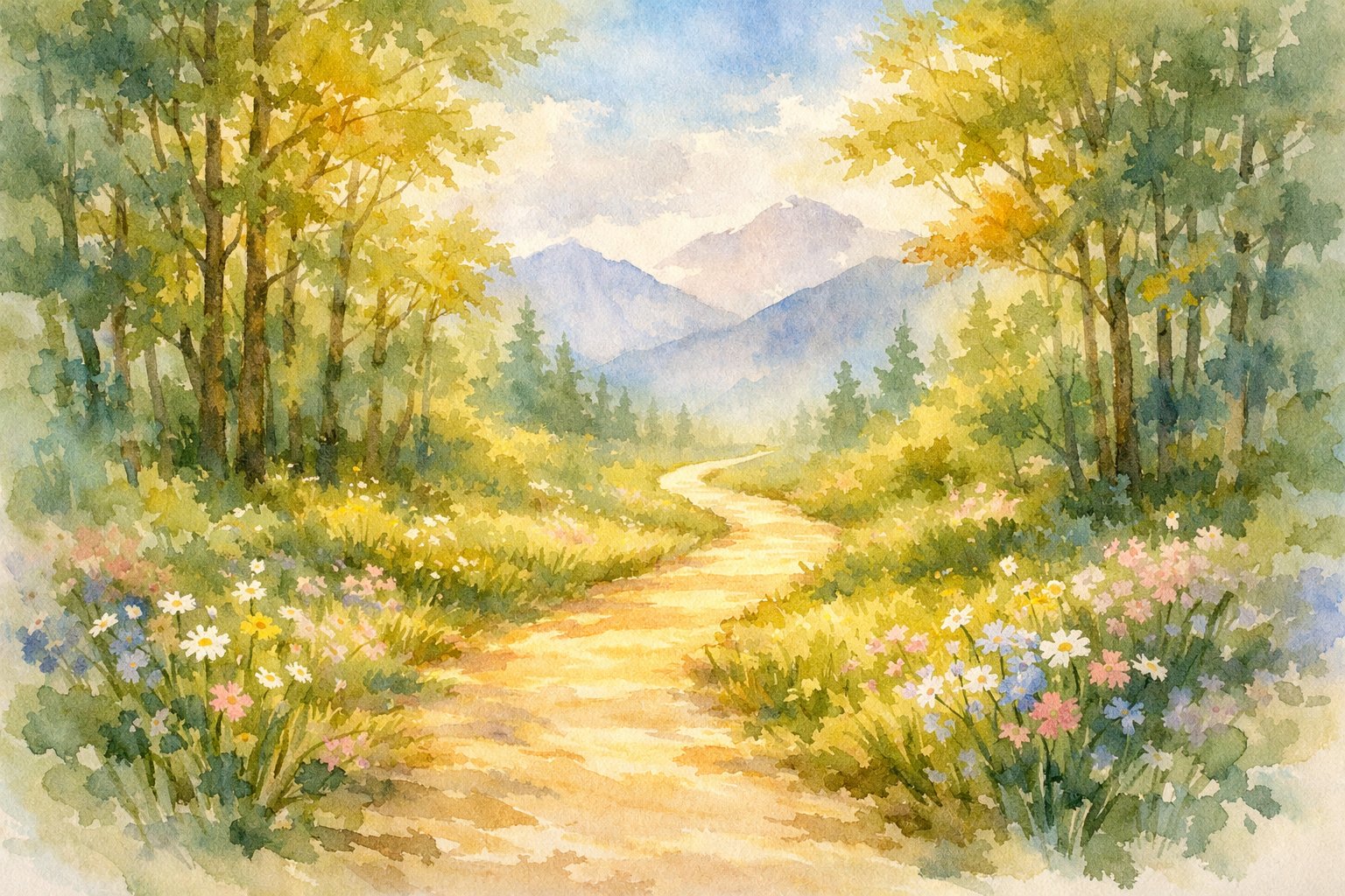 A peaceful forest path surrounded by trees, wildflowers, and distant mountains under a soft sky.