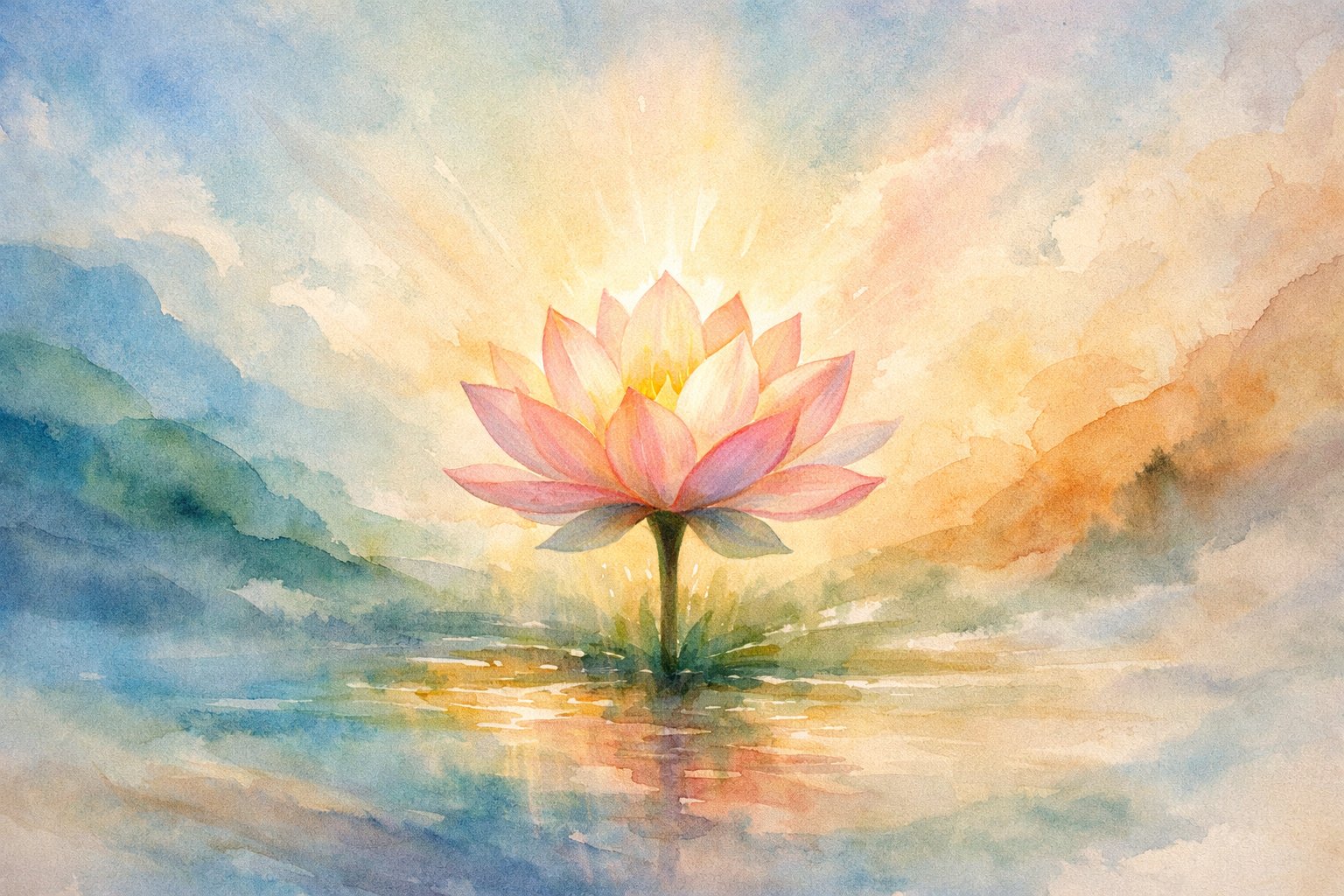 A blooming flower surrounded by soft, flowing shapes and gentle colors, symbolizing growth and transformation.