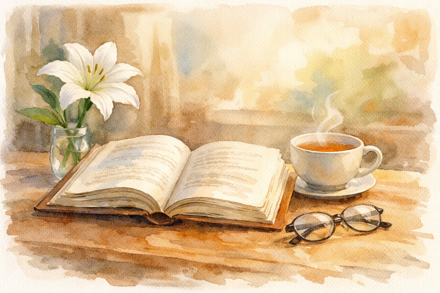 An open book on a wooden desk with a white lily, a cup of tea, and reading glasses nearby.