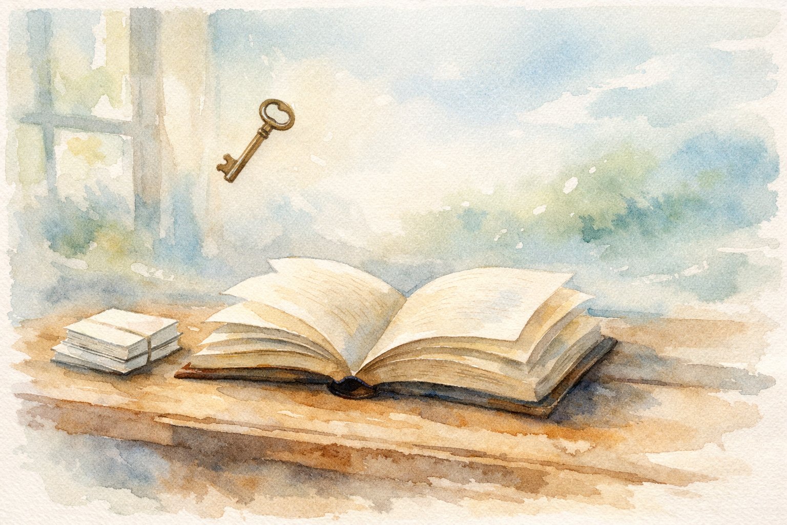 An open book on a wooden table with soft natural light and symbolic elements like a key and notes around it, suggesting focus and learning.