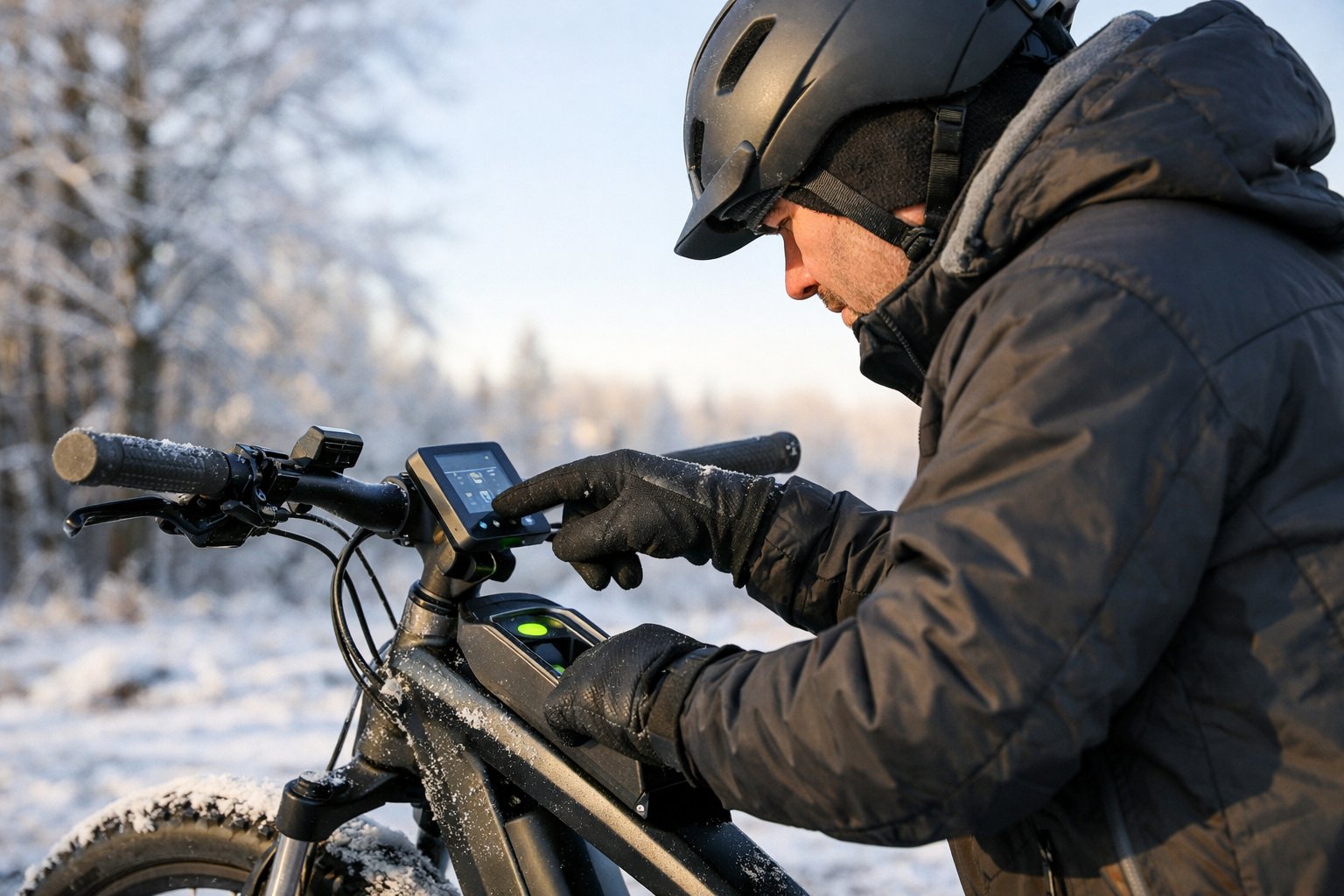 A person in winter clothing checking an electric bike outdoors on a cold, frosty day.