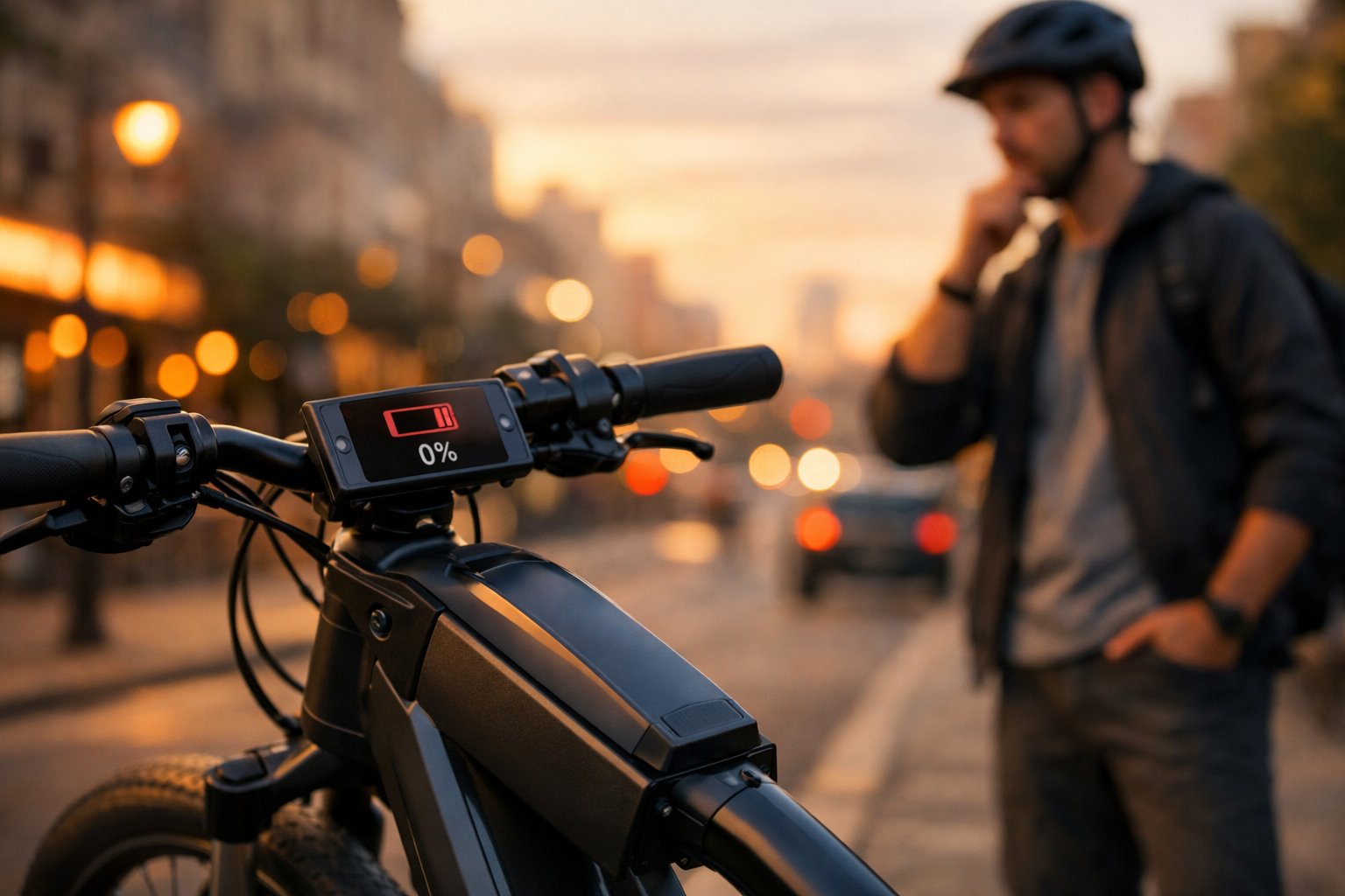 An electric bicycle parked on a city street with a person looking at it thoughtfully, focusing on the battery area.