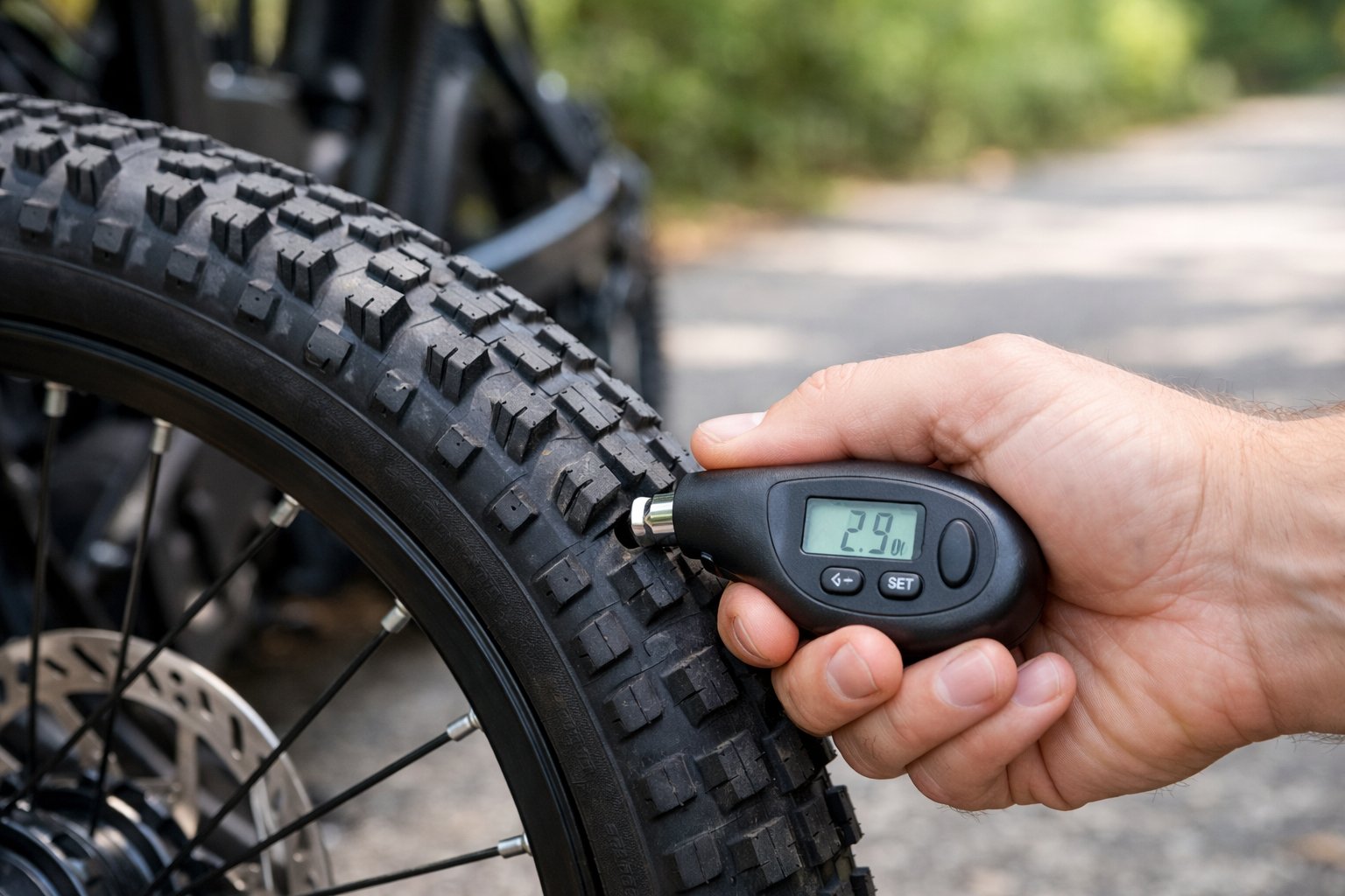 Close-up of a person checking the tire pressure of an e-bike tire using a digital gauge outdoors.