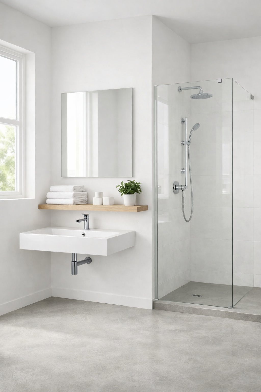 Minimalist Bathroom Setup: 7 Essential Elements for a Clean, Functional Space 1 A bright bathroom with a wall-mounted sink, mirror, wooden shelf with towels and a plant, and a walk-in shower with clear glass panels.