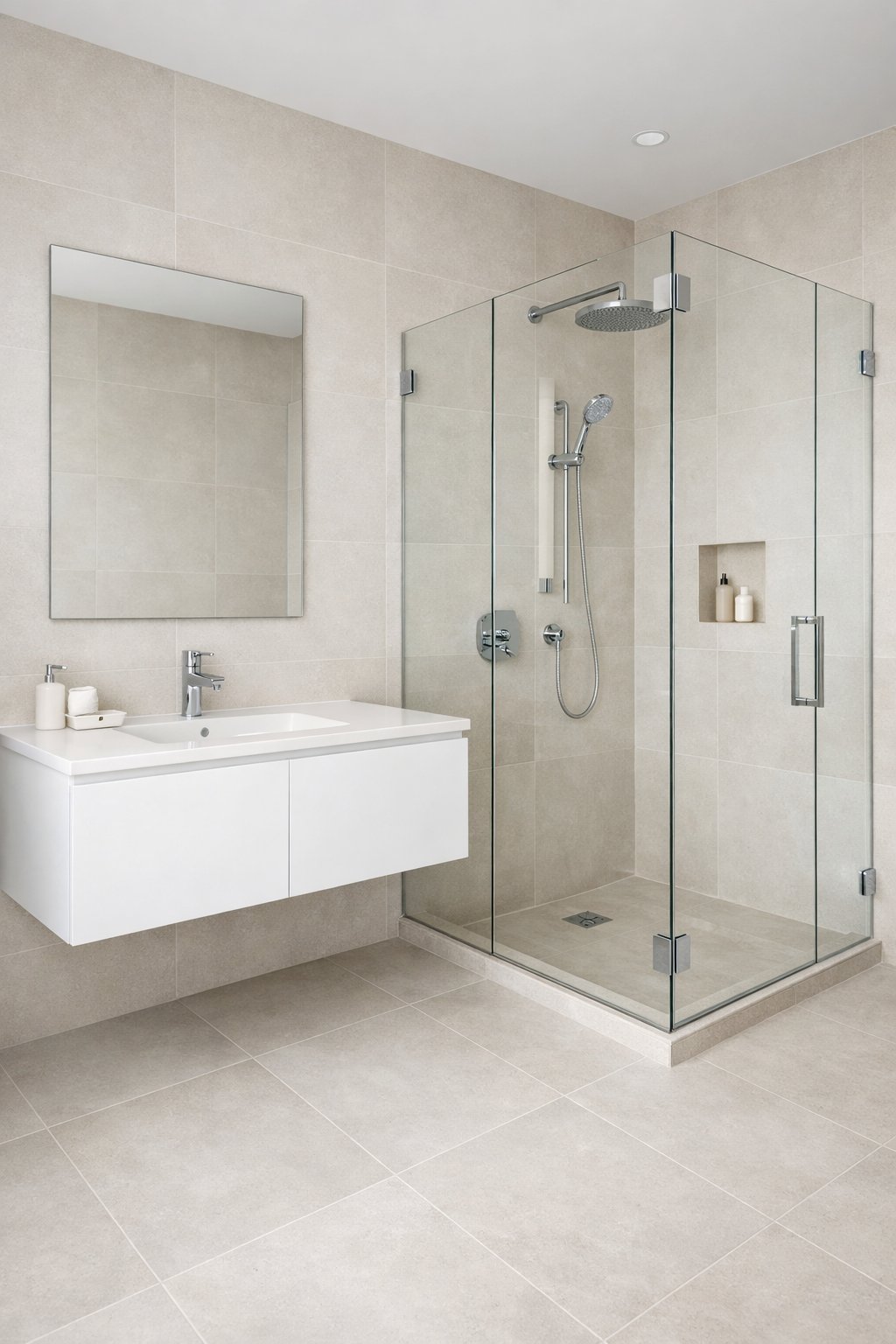 Minimalist Bathroom Setup: 7 Essential Elements for a Clean, Functional Space 3 A clean bathroom with large neutral tiles, a floating vanity, a glass shower enclosure, and a wall-mounted mirror.