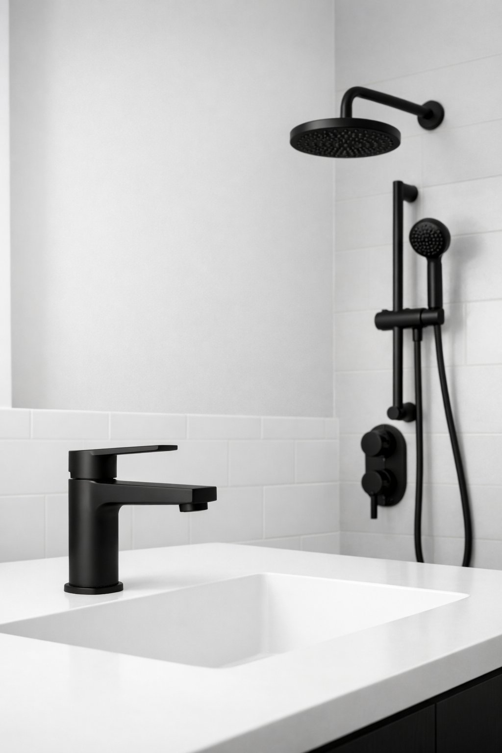 Minimalist Bathroom Setup: 7 Essential Elements for a Clean, Functional Space 6 A bathroom with matte black faucet and shower fixtures, white sink, and light-colored walls.