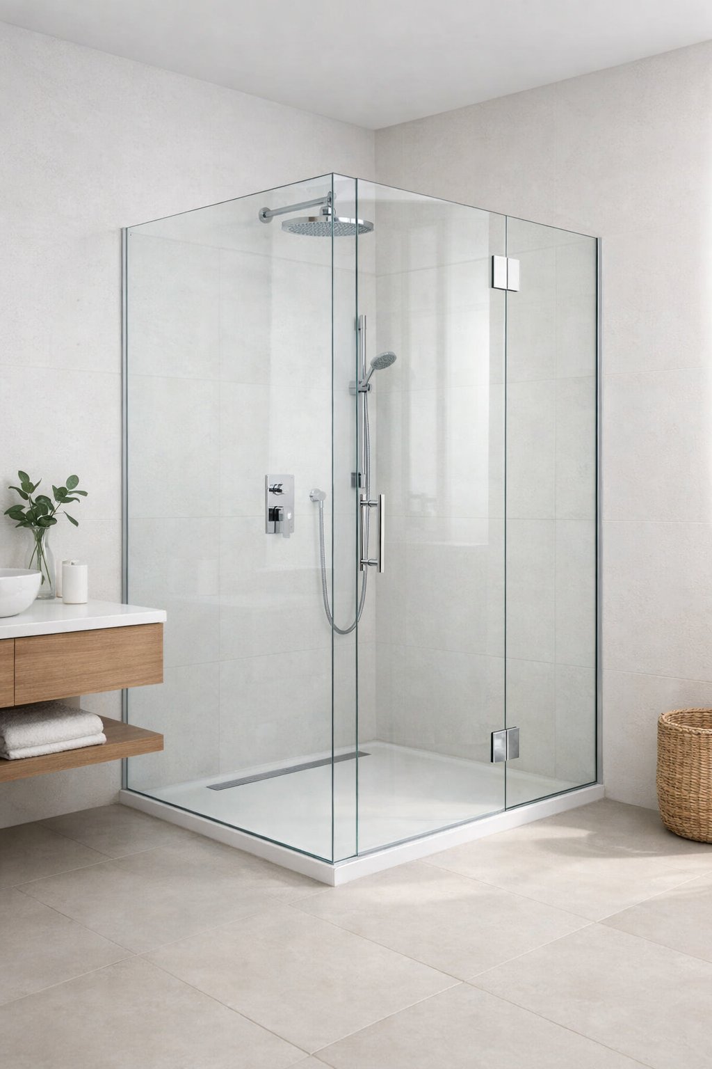 Minimalist Bathroom Setup: 7 Essential Elements for a Clean, Functional Space 7 A bathroom with a clear frameless glass shower enclosure and a clean, uncluttered interior.